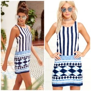 Lulu's Multitask Queen Ivory and Blue Print Shift Dress